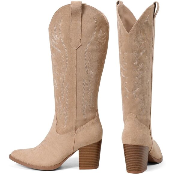 Women's Apricot Wide Calf Cowgirl Western Embroidery Chunky High Heel Boots - Picture 6 of 6